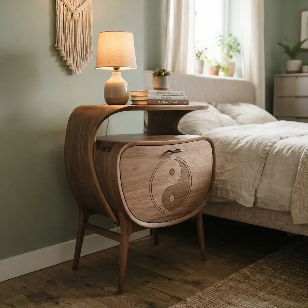 Wooden Nightstand Yin Yang Home Decor