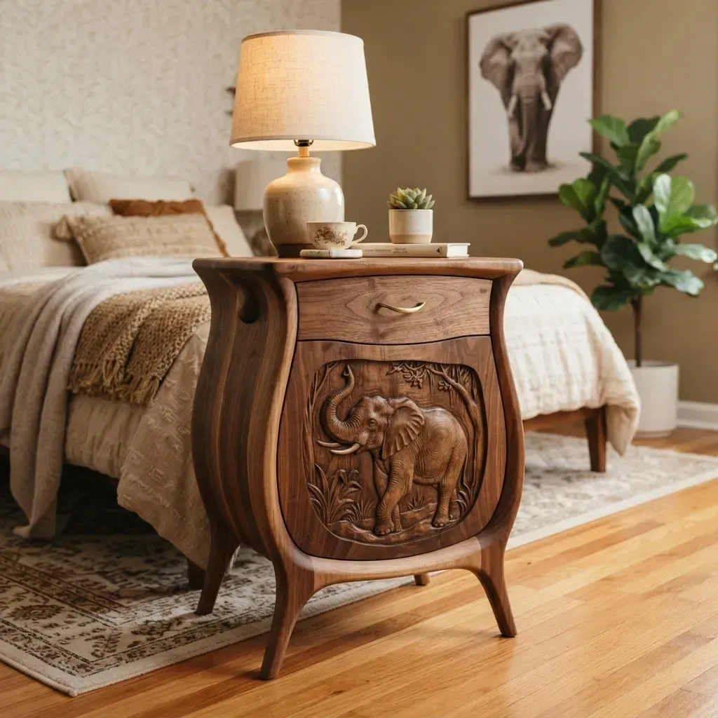 Wooden Nightstand Elephant with Raised Trunk Home Decor