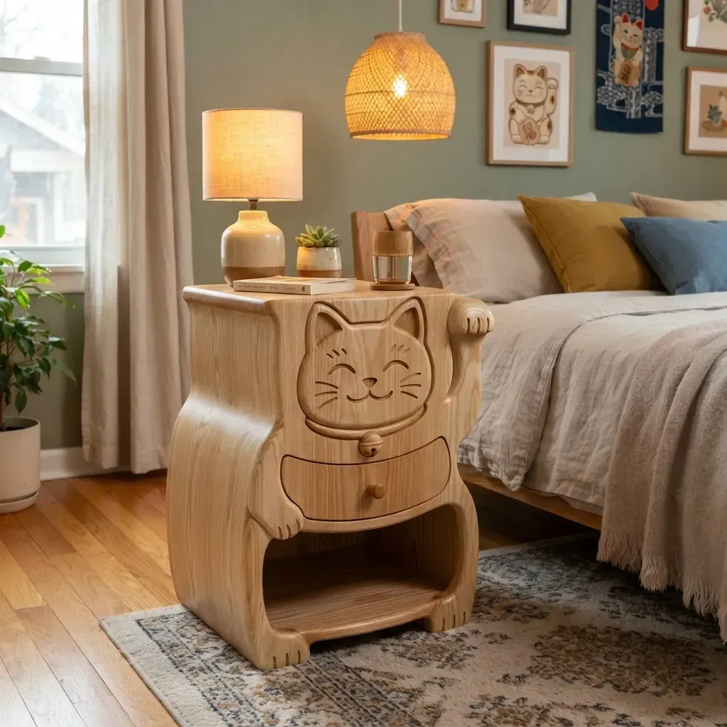 Wooden Nightstand Lucky Cat Maneki-neko Home Decor