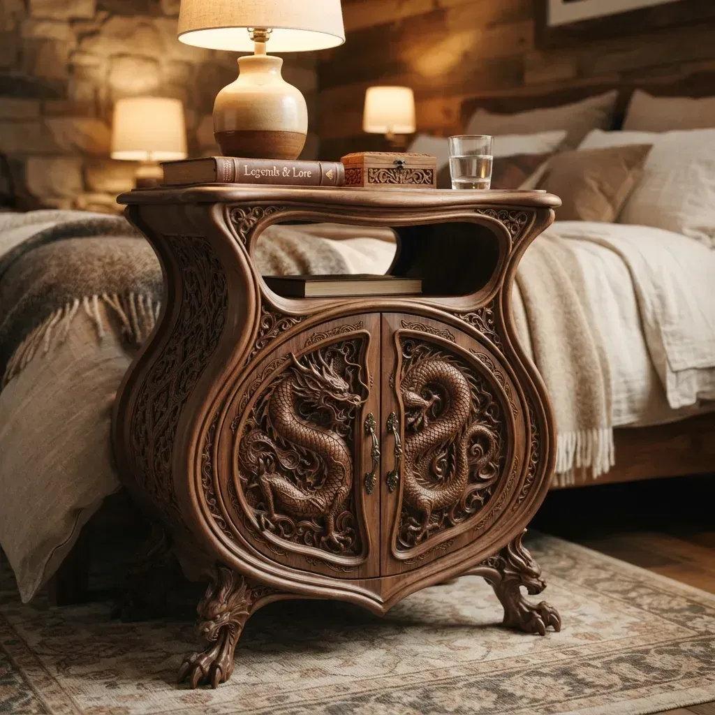Wooden Nightstand Dragon Home Decor
