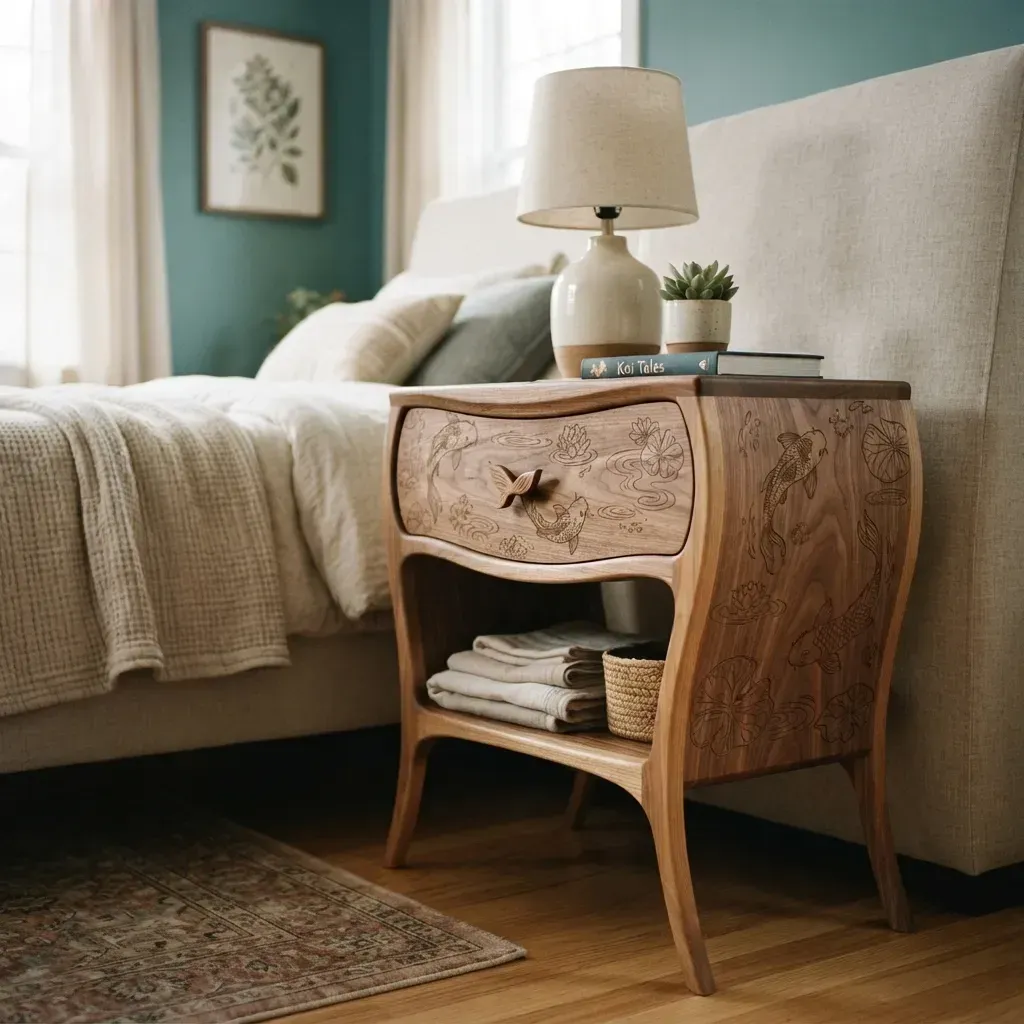 Wooden Nightstand Koi Fish Home Decor