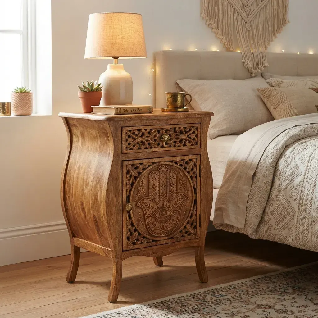 Wooden Nightstand Hamsa Hand Home Decor