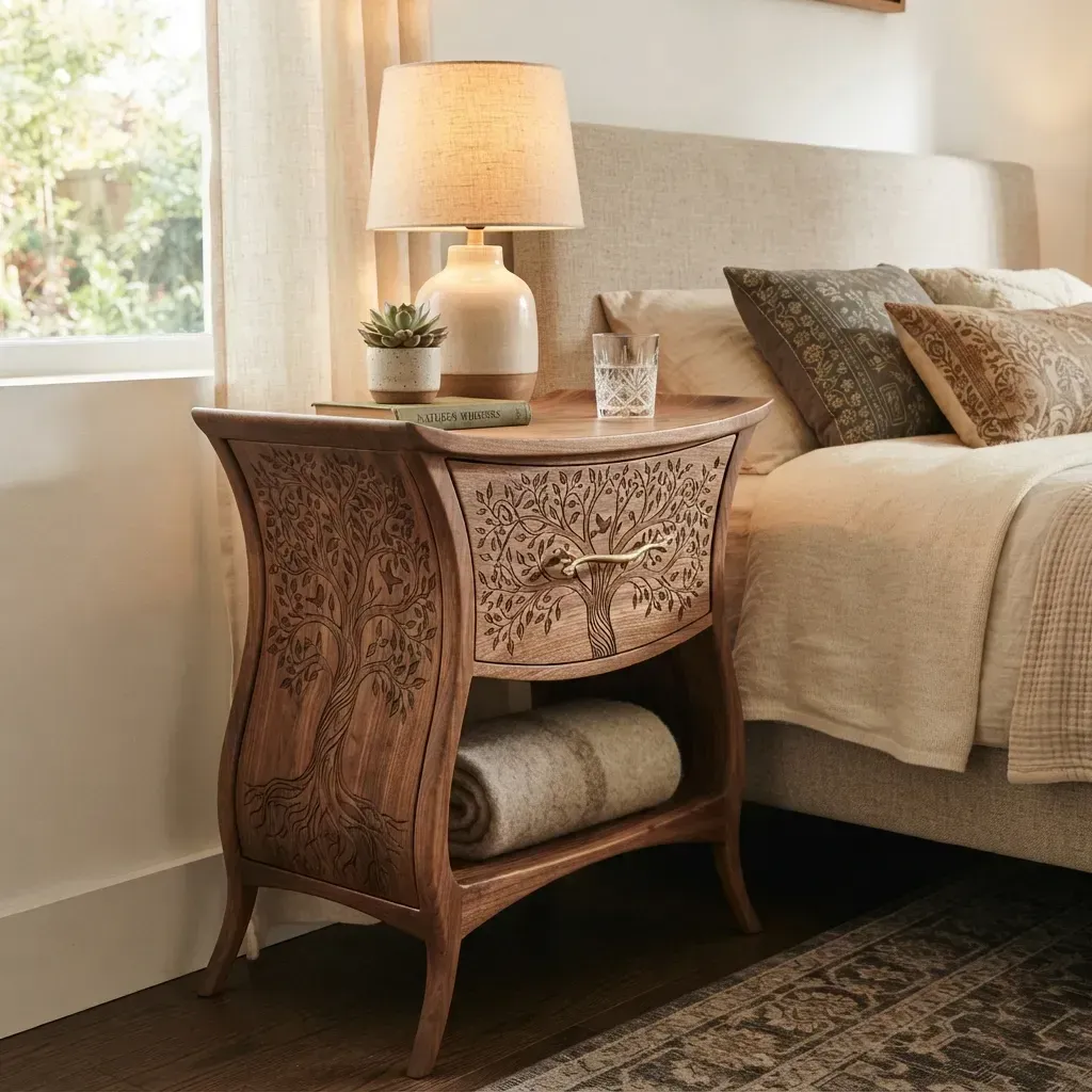 Wooden Nightstand Tree of Life Home Decor